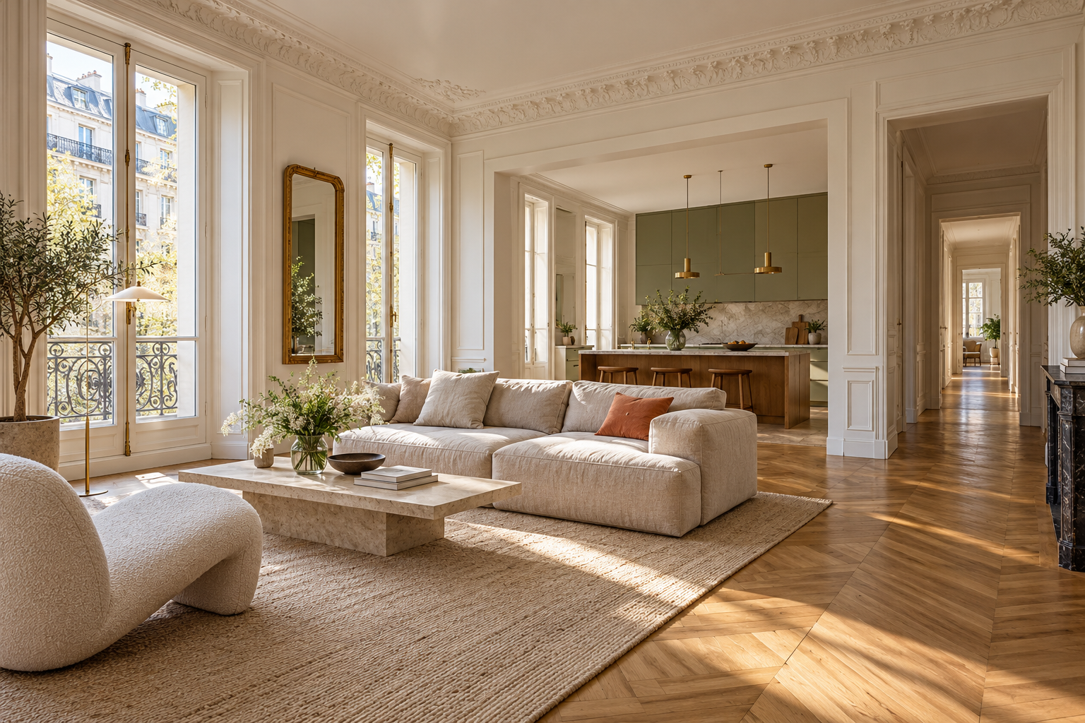 Appartement parisien rénové, avec une grande ouverture, parquet ancien et circulation traversante